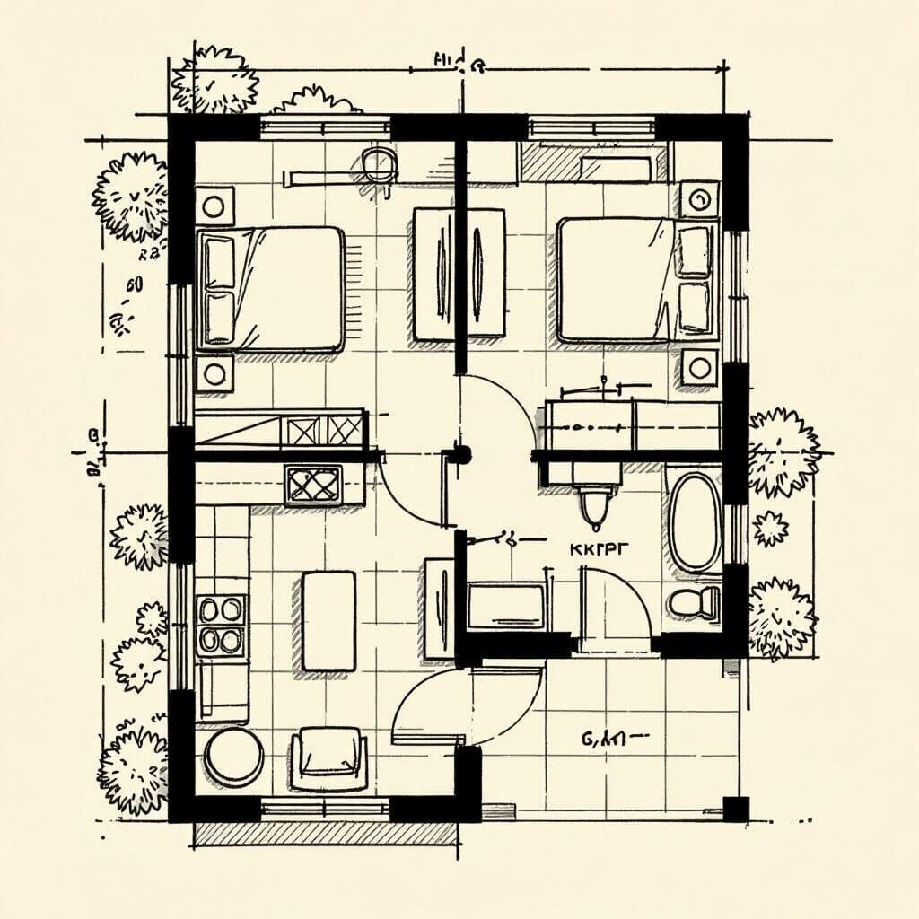 A detailed architectural floor plan sketch of a small self-contain house. The house should include two rooms, one kitchen, and one toilet. T...