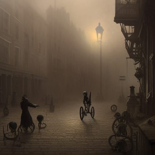 1880s misty London street Human skeleton Skeleton bike bomb ...