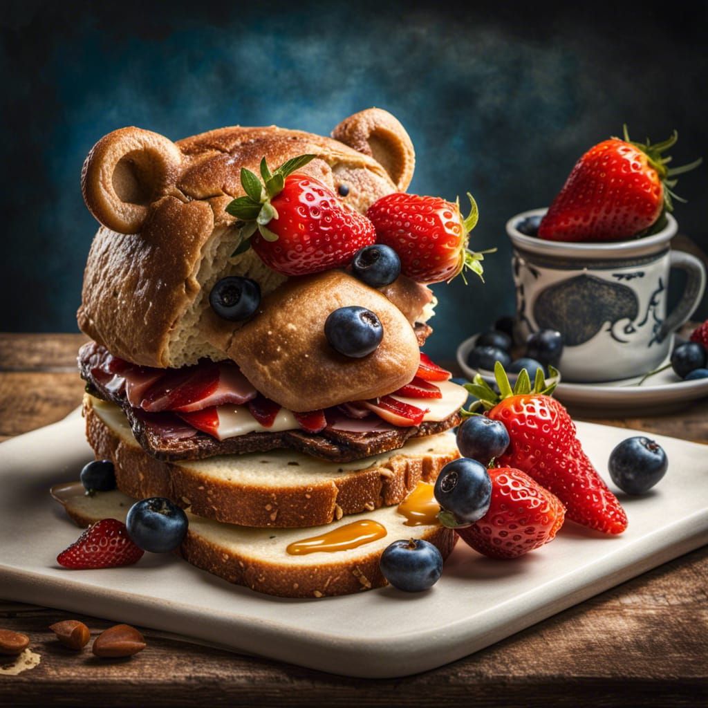 Bear sandwich with fruit  by @Jdogbites