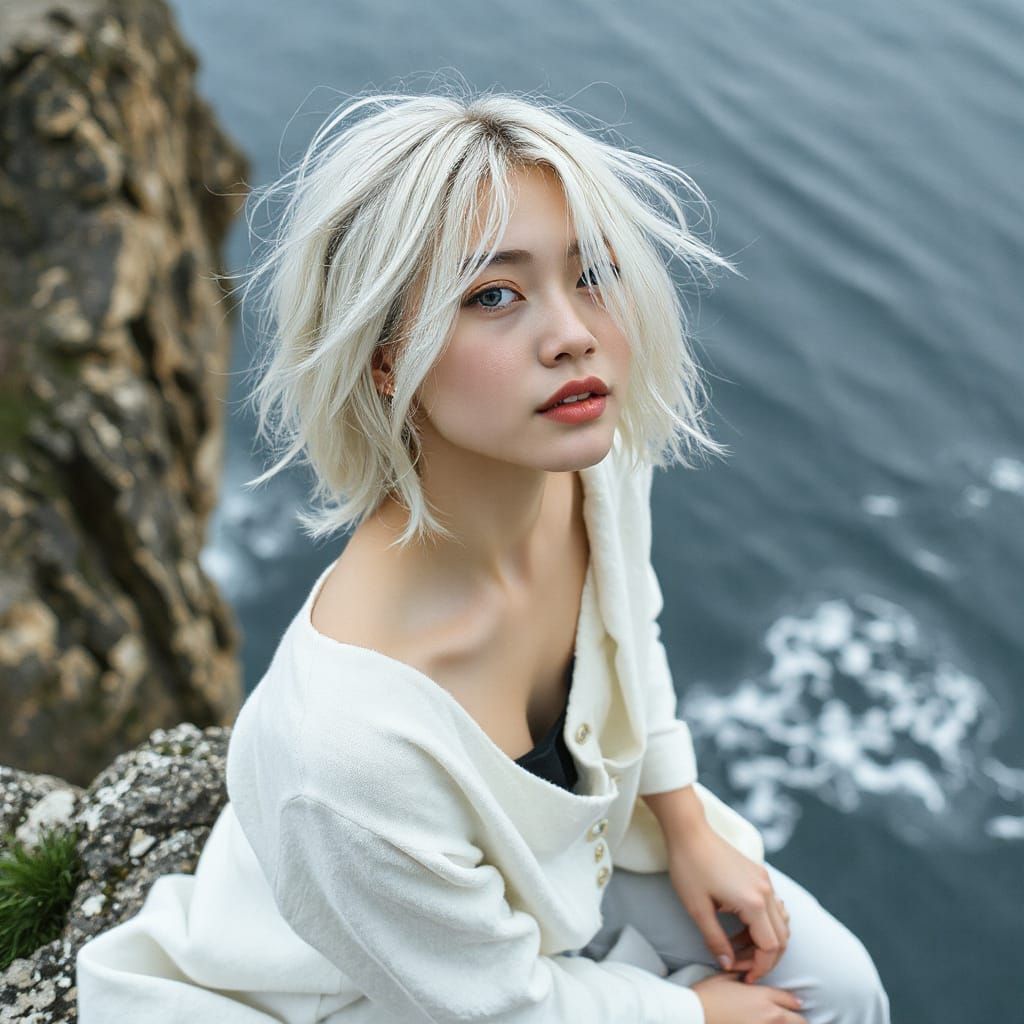 Hyperrealistic Albino Woman on Cliffs Overlooking Sea