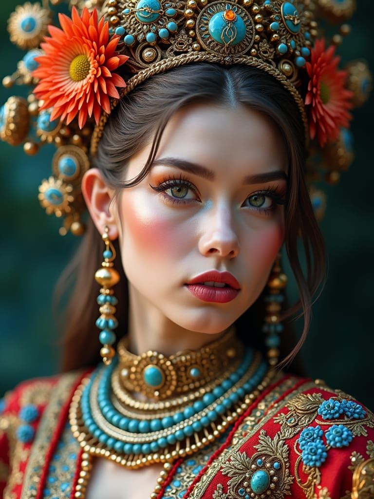 Hyperrealistic portrait of a beautiful woman wearing intricately detailed colorful clothing and futuristic ...  by @BaudouinVH