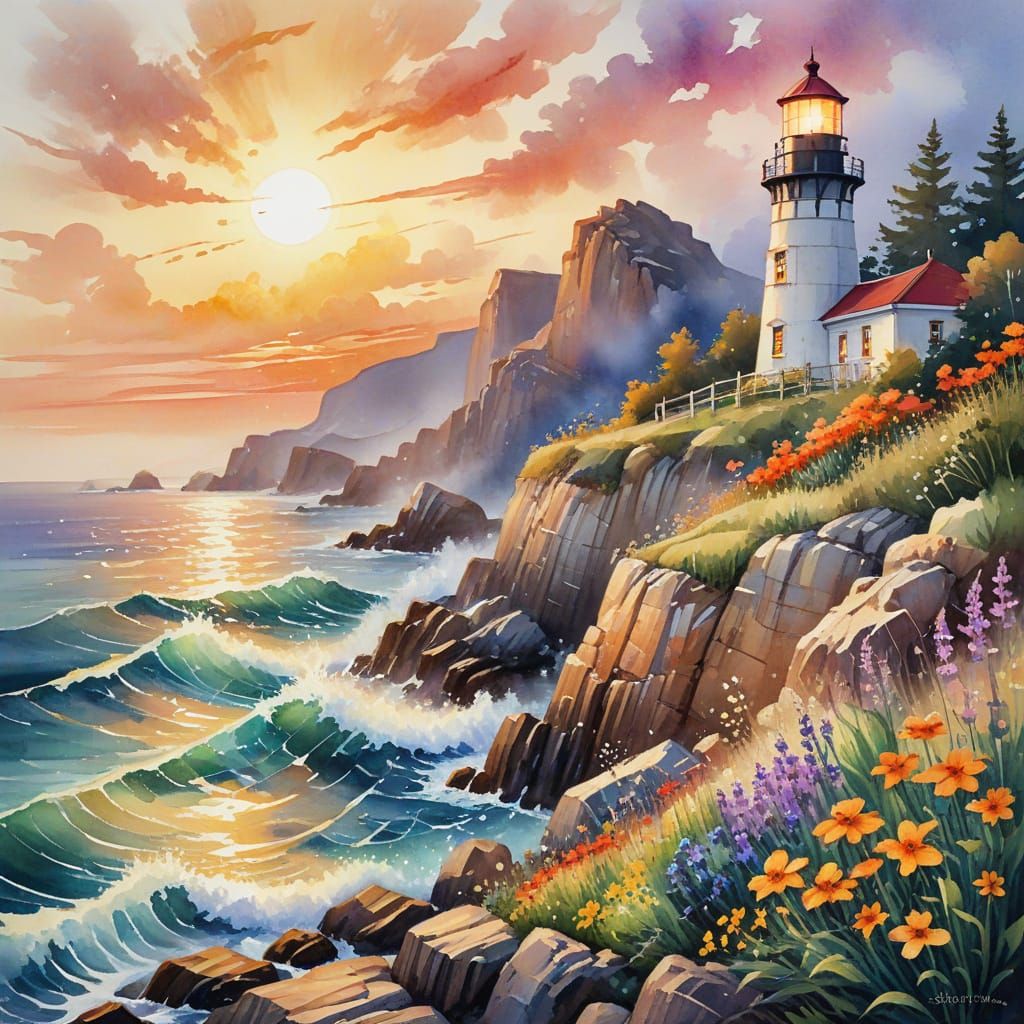 Whimsical Watercolor Lighthouse on Rocky Cliff at Dusk
