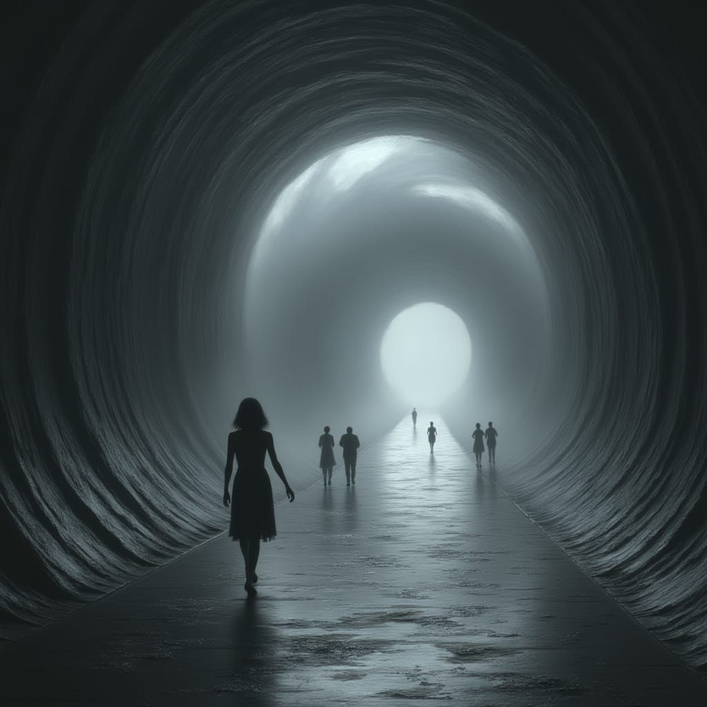  <lora:Chiaroscuro Dystopia:1.0> A long, winding tunnel with people walking along the path. A woman in black  walks at its end, her figure i...