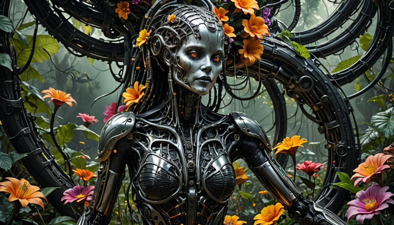 Biomechanical, biopunk H.R. Giger with vibrant flowers, deep foliage, woman and nature floral spectacular ...  by @Noid Zartz