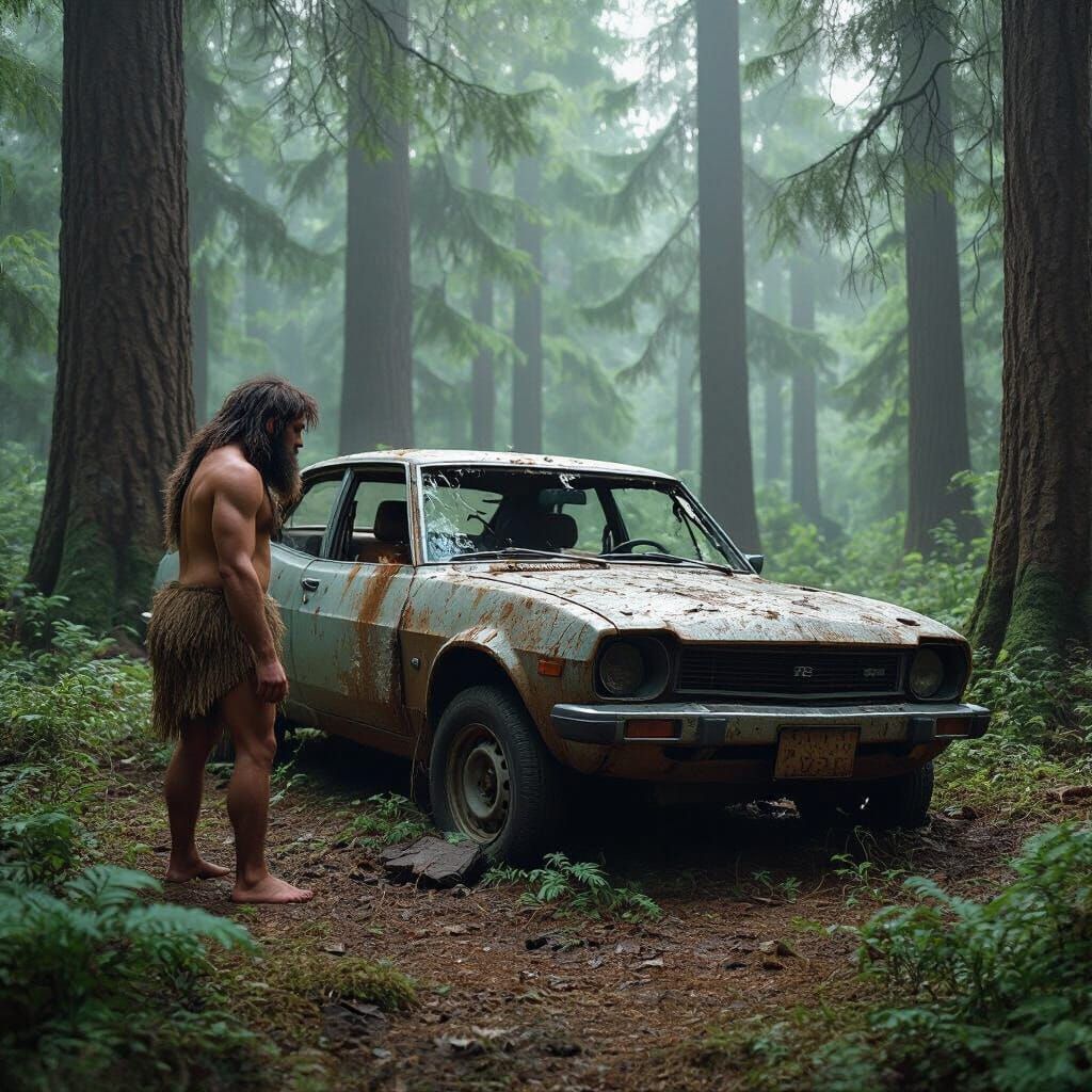 Caveman Discovers Car in Forest Landscape