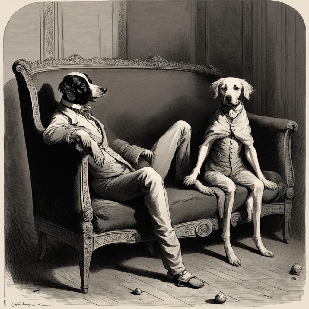 Man littles dogs sitting of a Biedermeier sofa