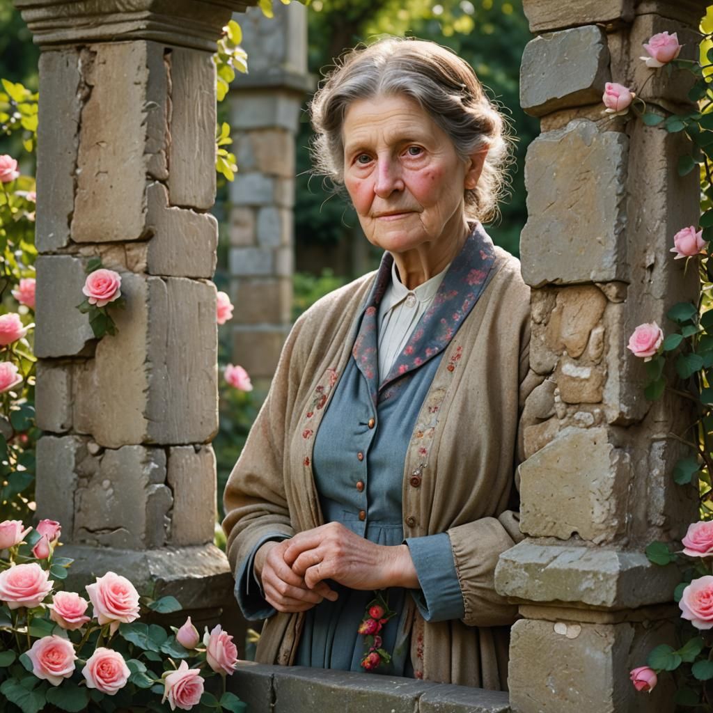 Beatrix Potter stands between the two stone columns of the wide-open gate. In front of us a cobblestone path winds between orderly gardens c...
