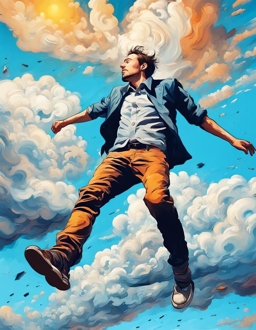 Abstract man falling through the air, colorful, clouds in a ...