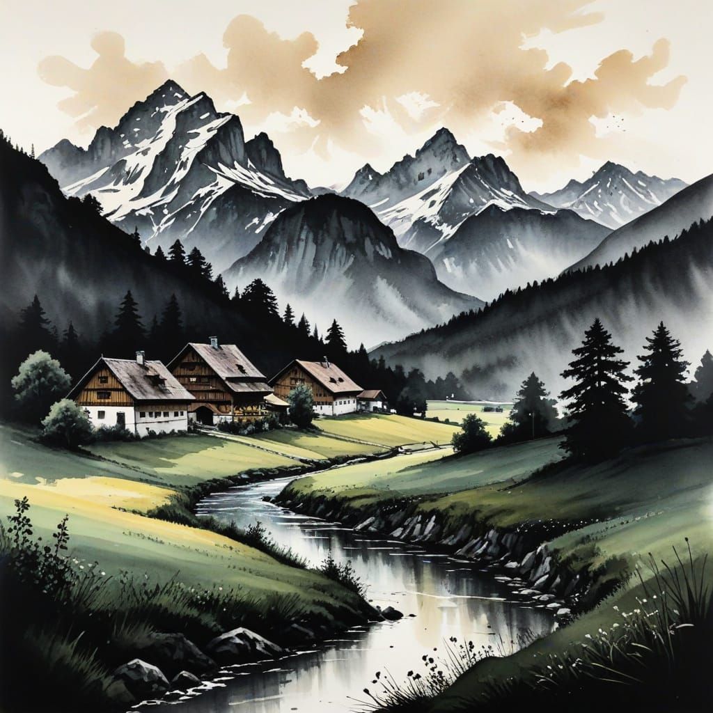 Bavarian landscape. Ink, Alcohol.  by @BA_Cafe