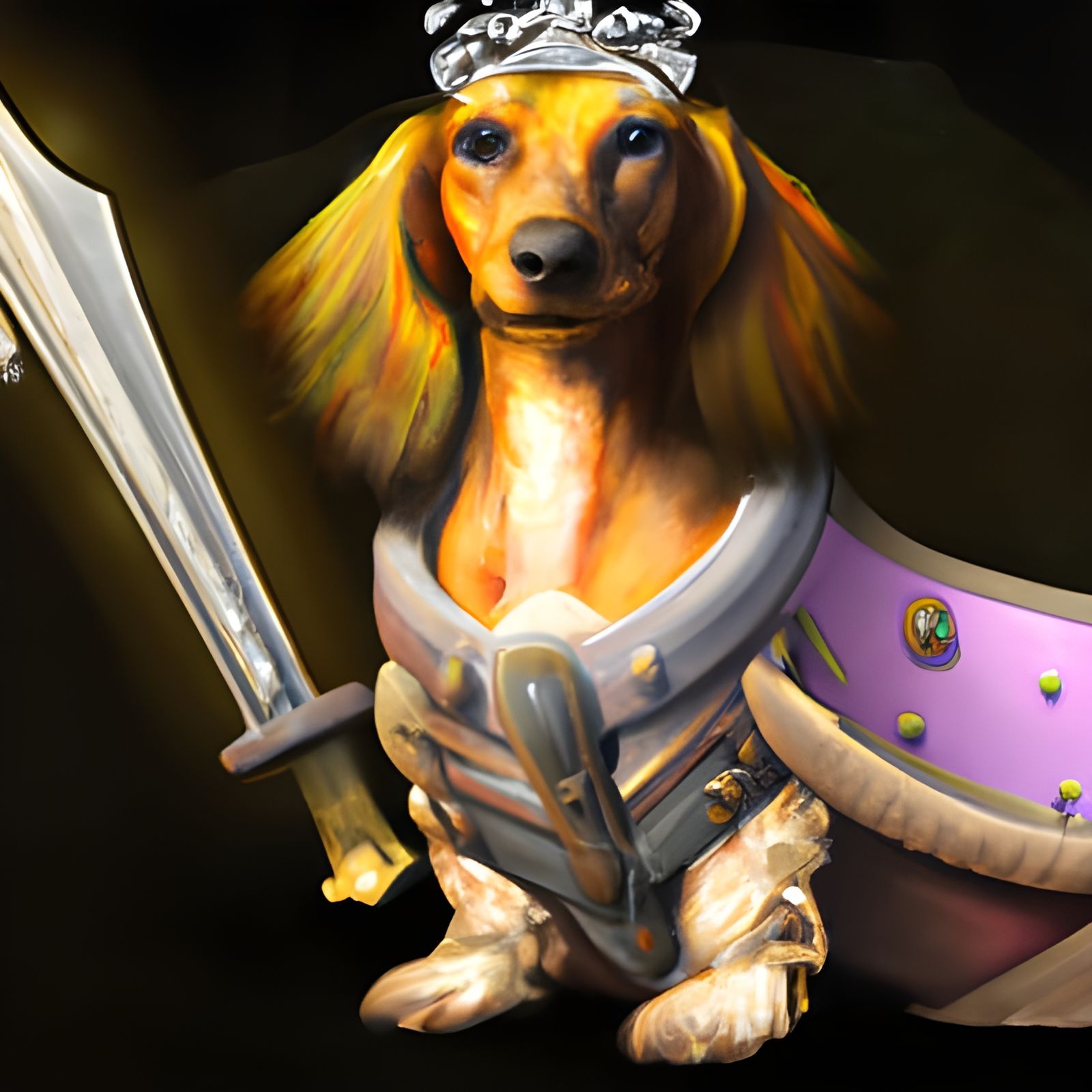 a blonde long hair dachshund dressed as a warrior princess 