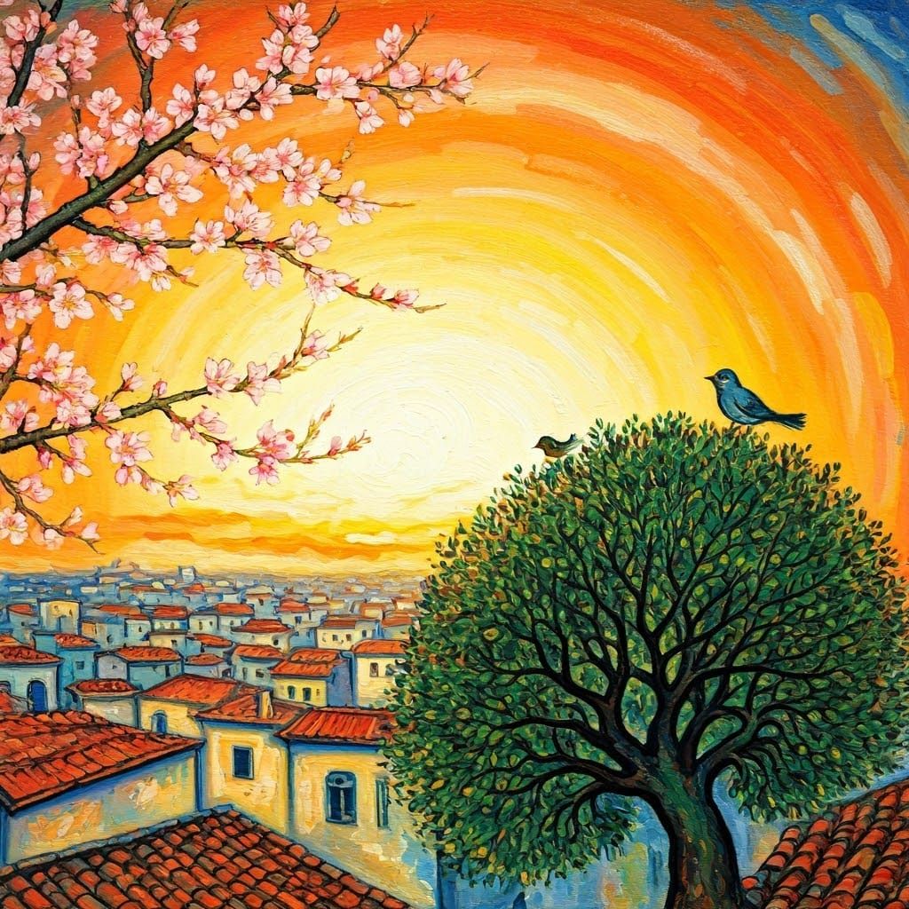 Blossoming Almond Trees in Vibrant Sunrise