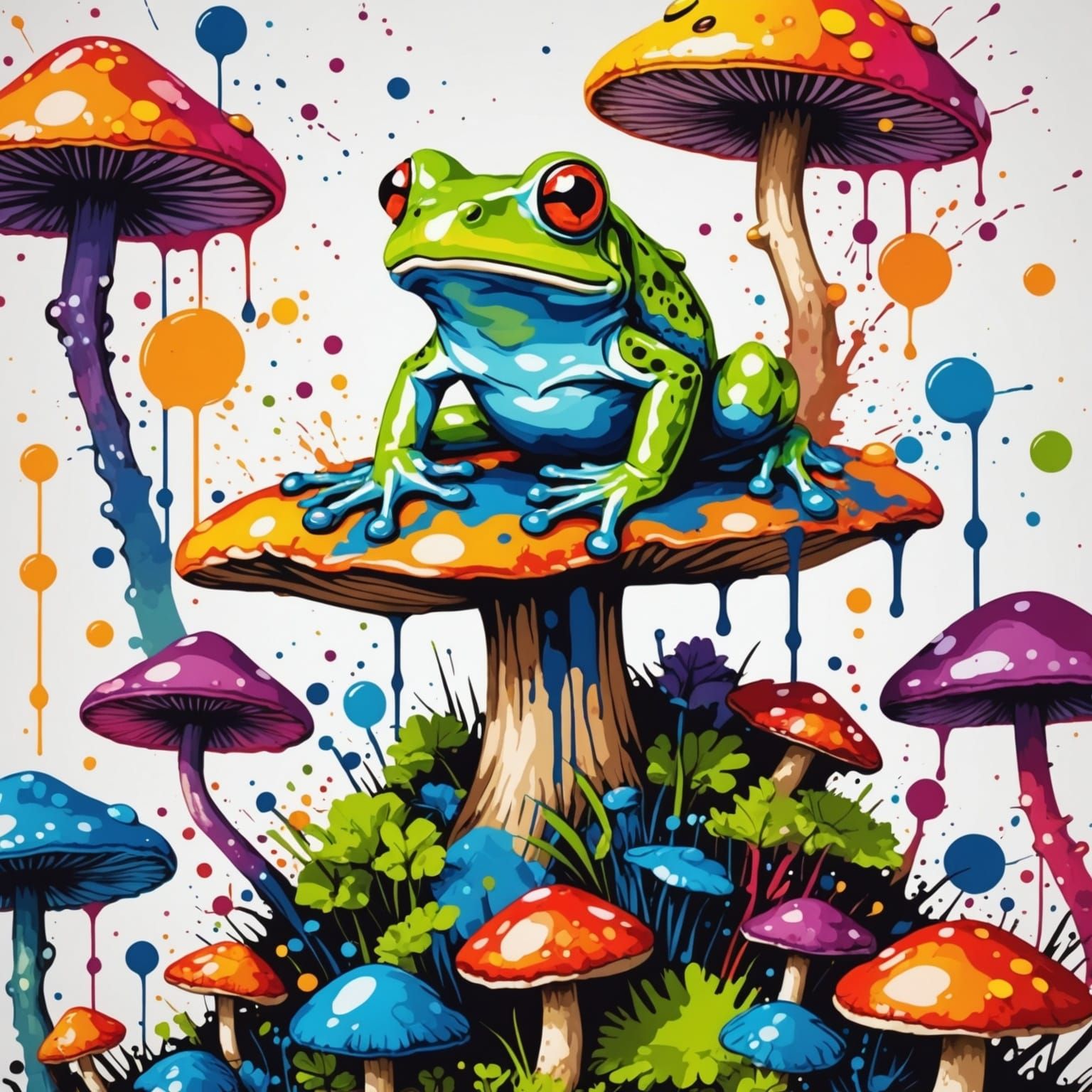 Frog on Mushroom shaped ink splatter colorful  by @Jessica Nicole