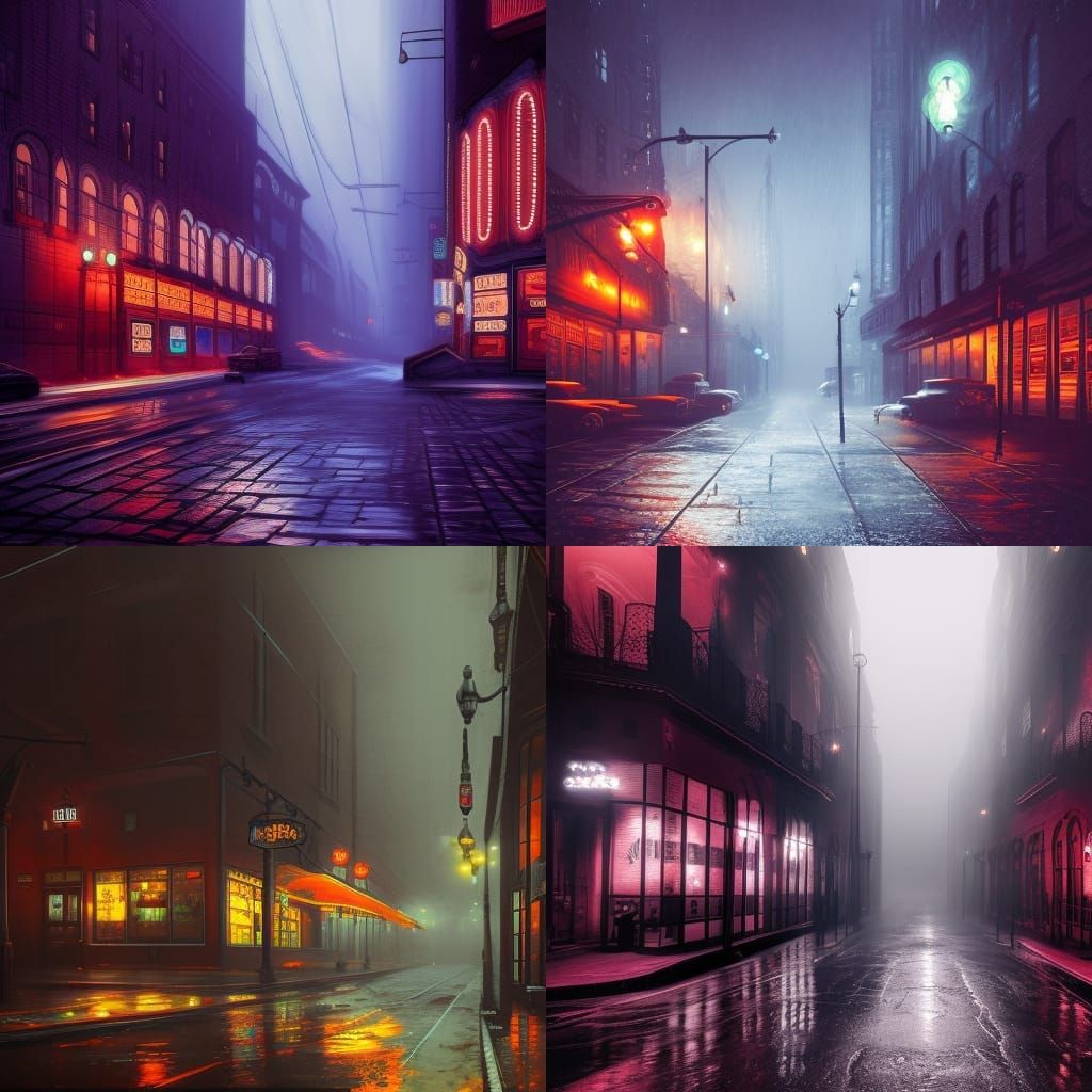 1930s Noir Alleway Street, Night, Rain, Fog, Dim Lights, Neon Signs ...