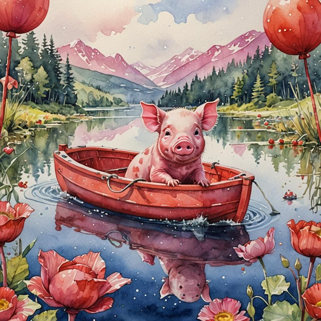 pink piglet in a dinghy
