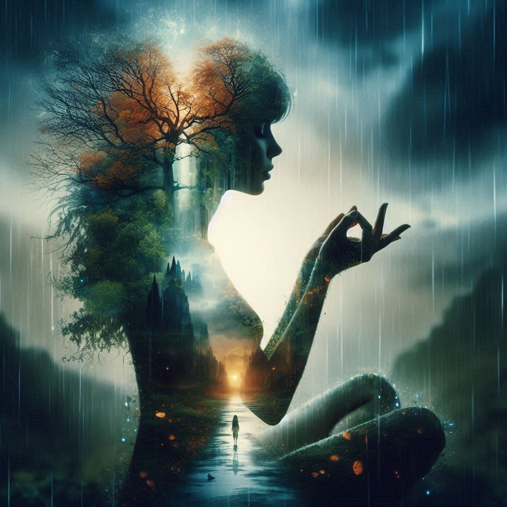 double exposure beautiful fantasy DALL-E 3 portrait landscape..