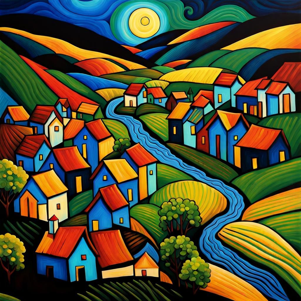 Village in a valley. Van Gogh deep color geometric abstract ...