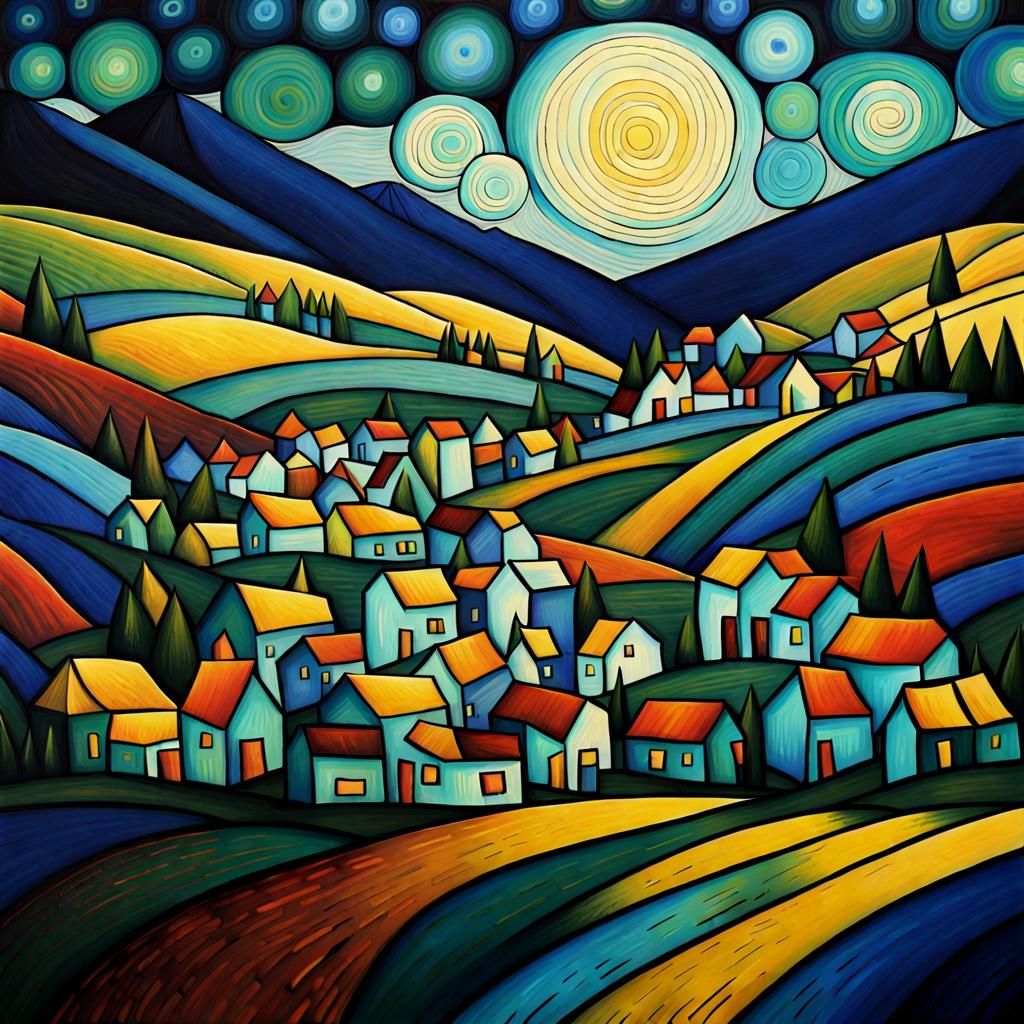 Village in a valley. Van Gogh deep color geometric abstract ...