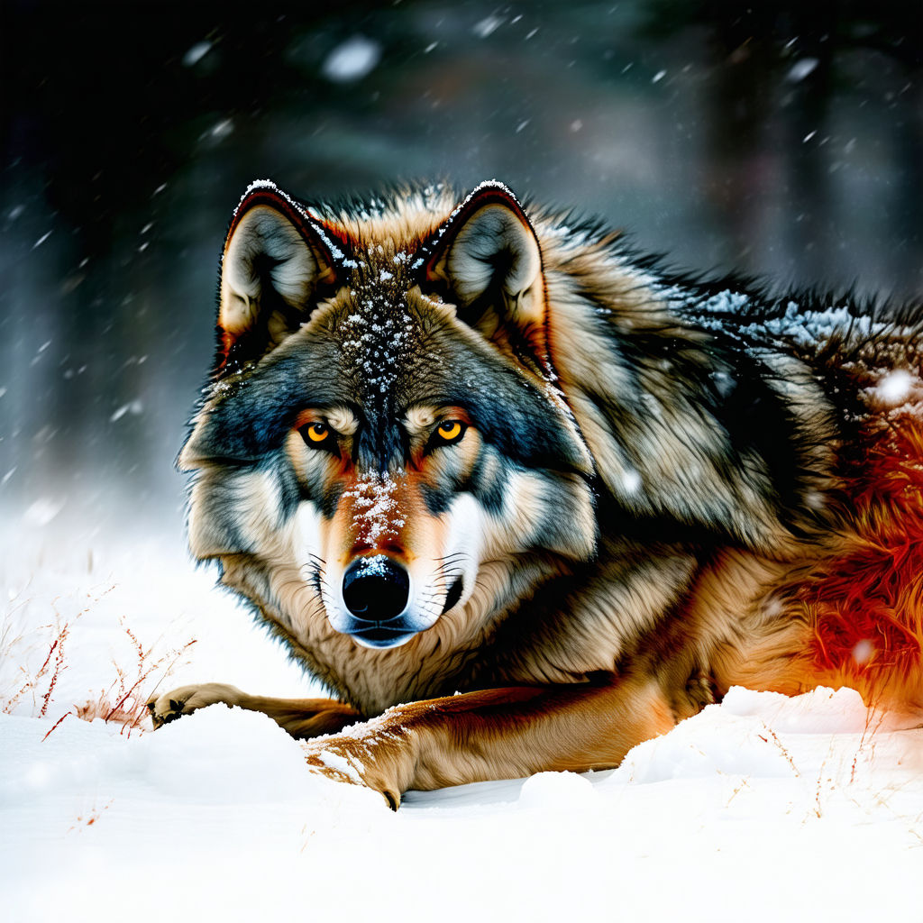 Wolf is laying in deep snow - Animal Digital Paintings