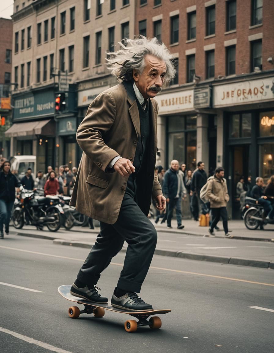 Albert Einstein riding a skateboard down a city street  by @Judith_Nightart