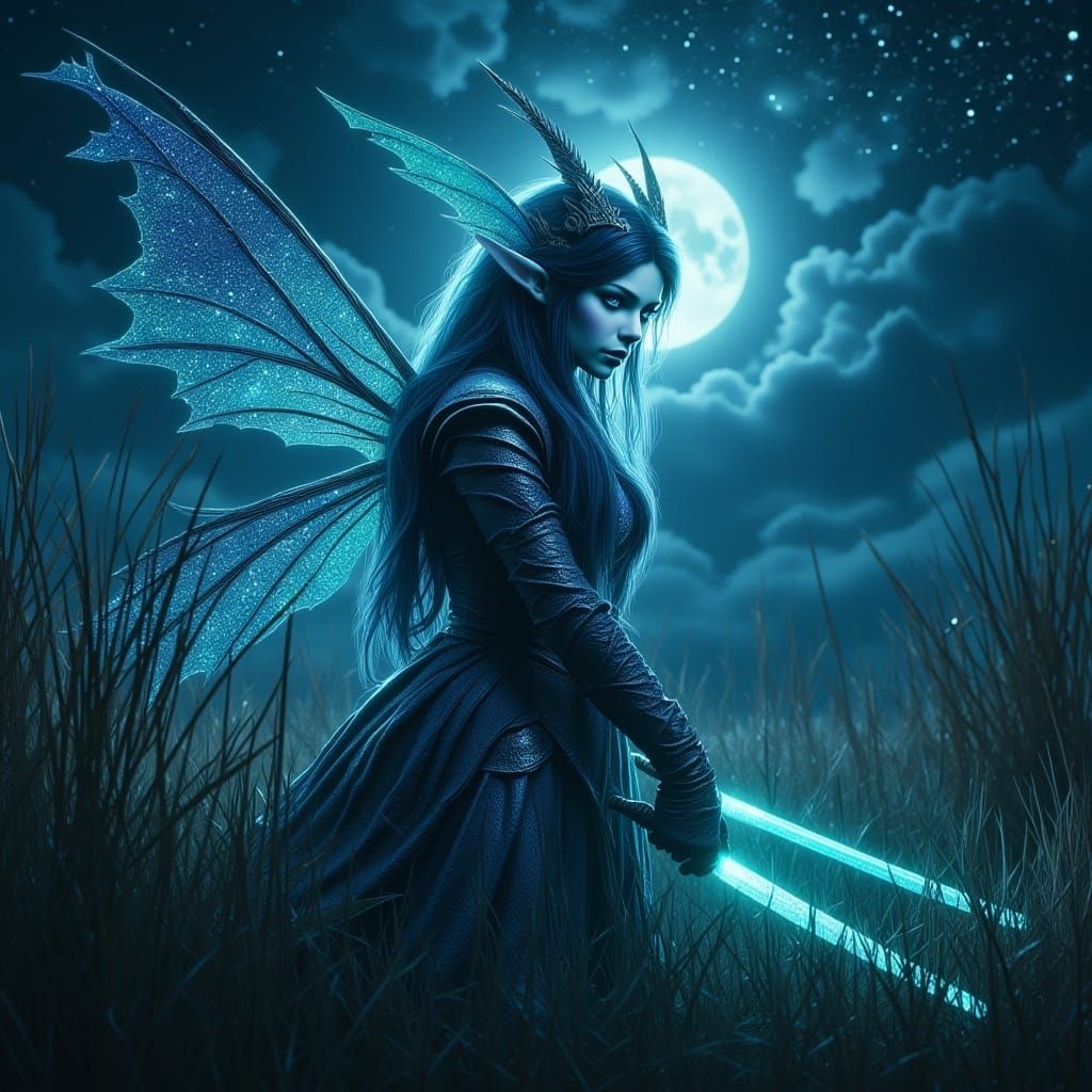 <lora:Illuminate:1.0> full body bioluminescent beautiful pixie warrior with perfect features, expressive eyes, holding two glowing daggers c...