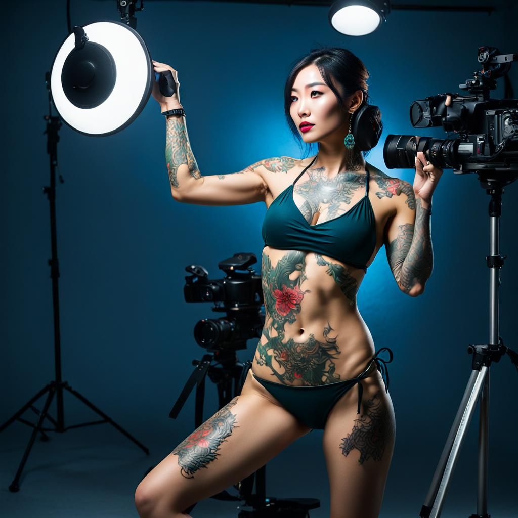 Movie Set with Tattooed Model in Surrealist Style