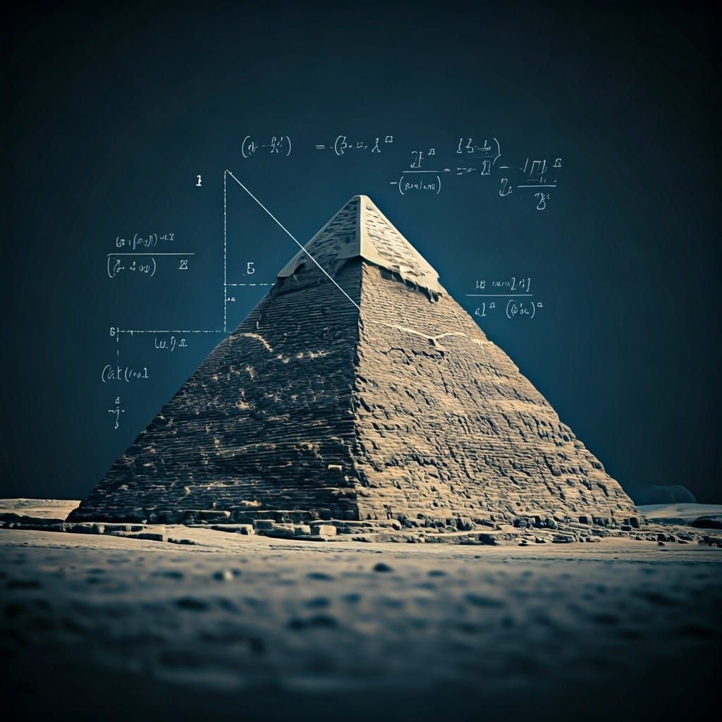 blue drawing of the Great Pyramid of Giza with mathematically precise formulas for calculating angles ...  by @Likvi