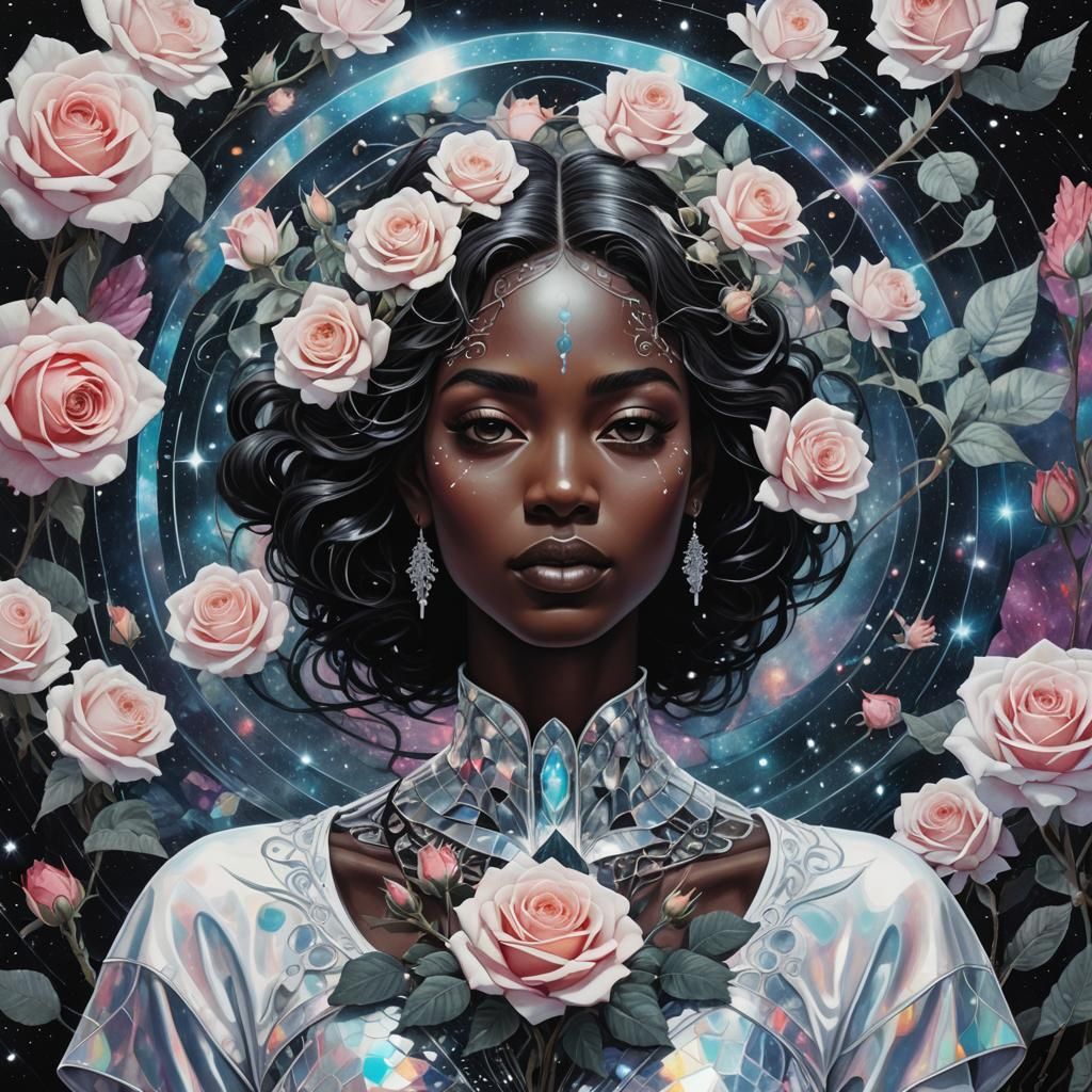 Mujer negra entre rosas blancas