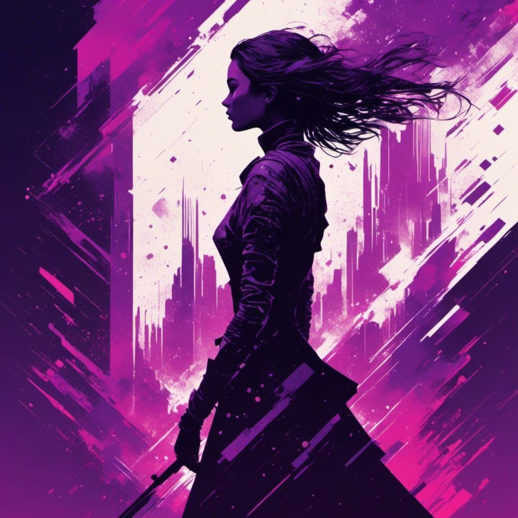 <lora:GlitchcoreSilhouette:1.0> A minimalistic book cover illustration of a beautiful woman in a sparkly purple dress, silhouette, glitchcor...
