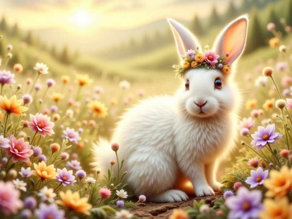 <lora:Lacemisty:1.0> A fluffy white rabbit wearing a tiny crown of woven flowers, sitting in a field of wildflowers, bathed in the warm glow...