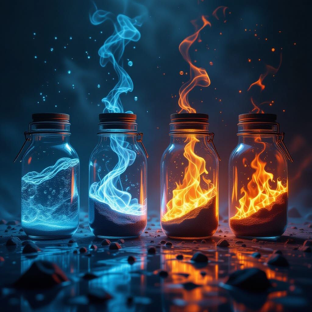 Four Elements Contained in Jars, Hyperrealistic Enchanted St...