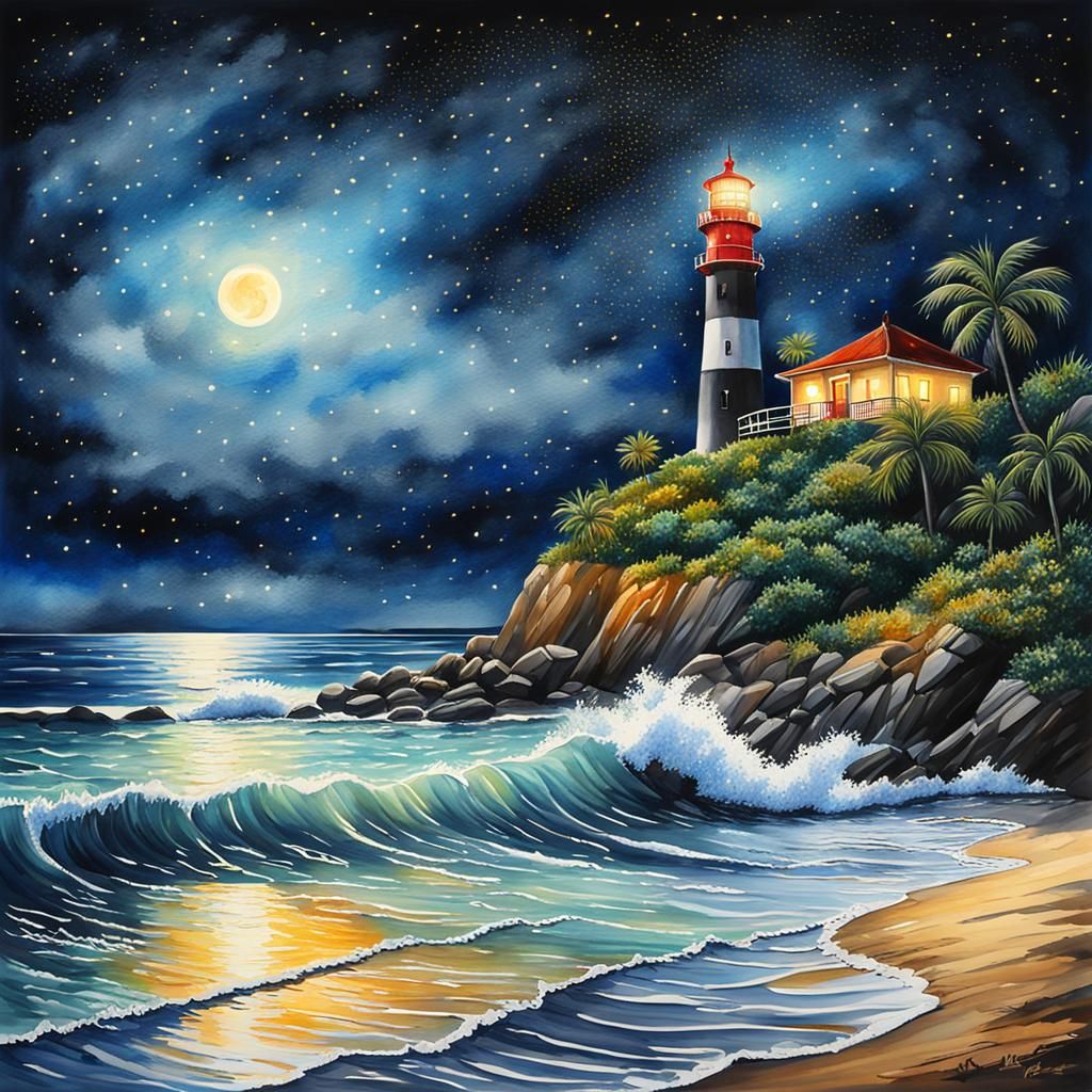 tropical beach in water colour, almost night after sunset , ...