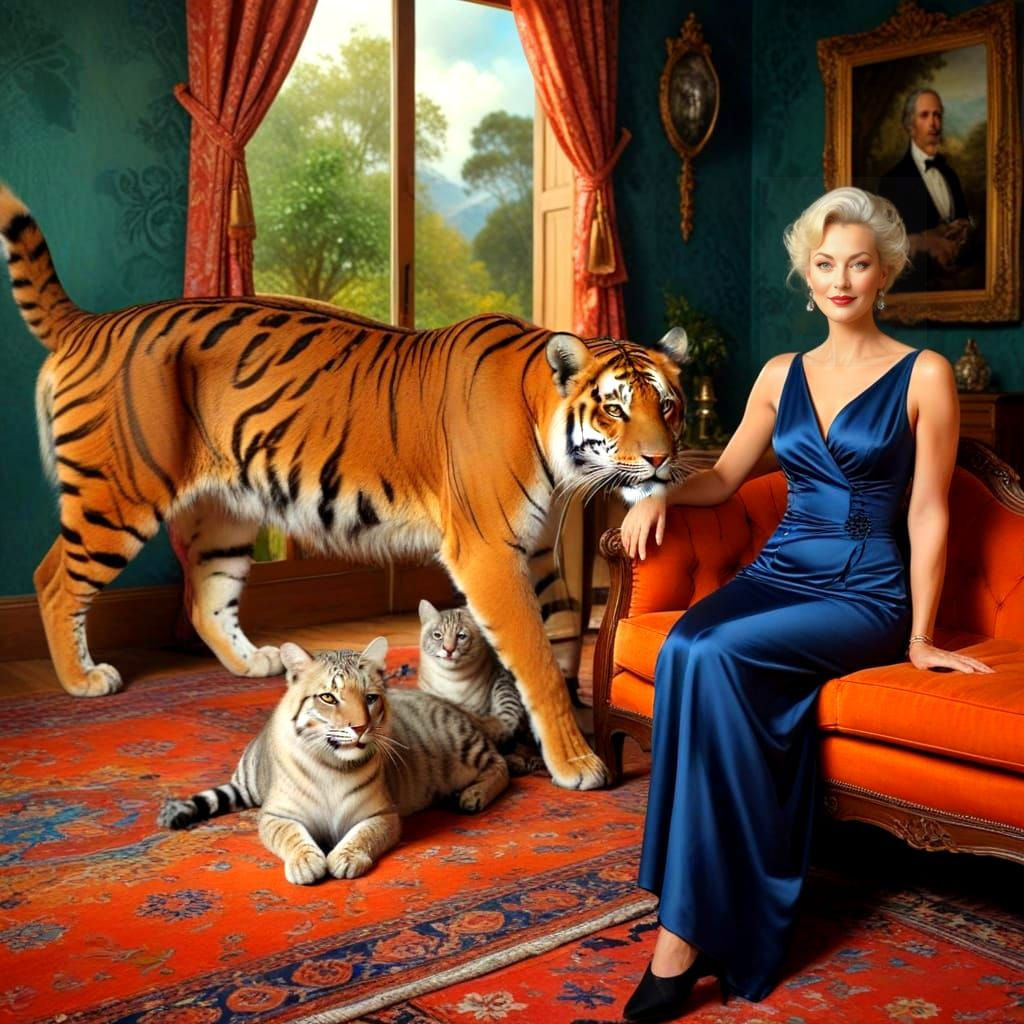Elegant Ladies in Whimsical Wonderland with Oversized Feline...