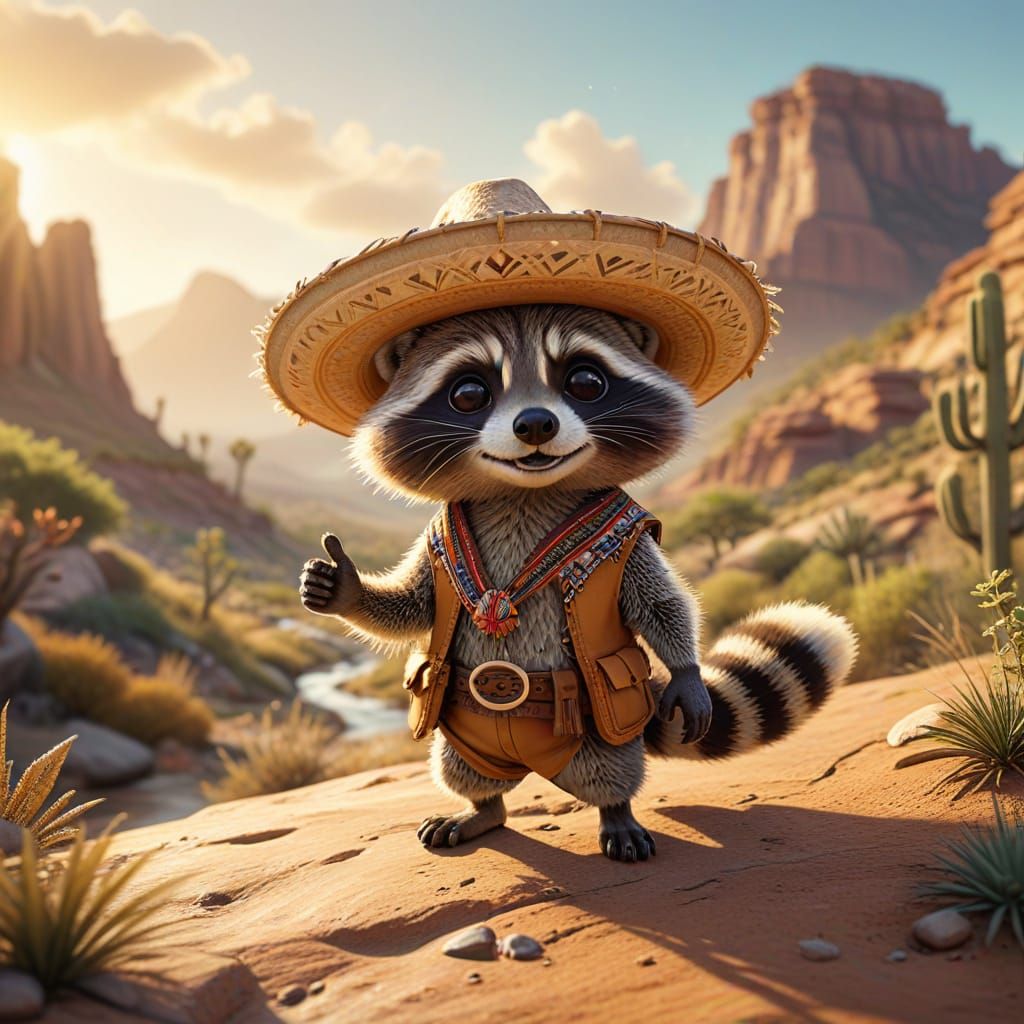 A cute Chibi raccoon adventurer wearing a colorful wide oversized tan sombrero hat, looking pointing ...  by @Jornie
