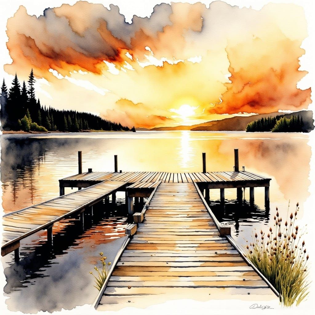  A watercolor ink wash painting of a dock at sunset <lora:Avian Ink Flux:1.0> 