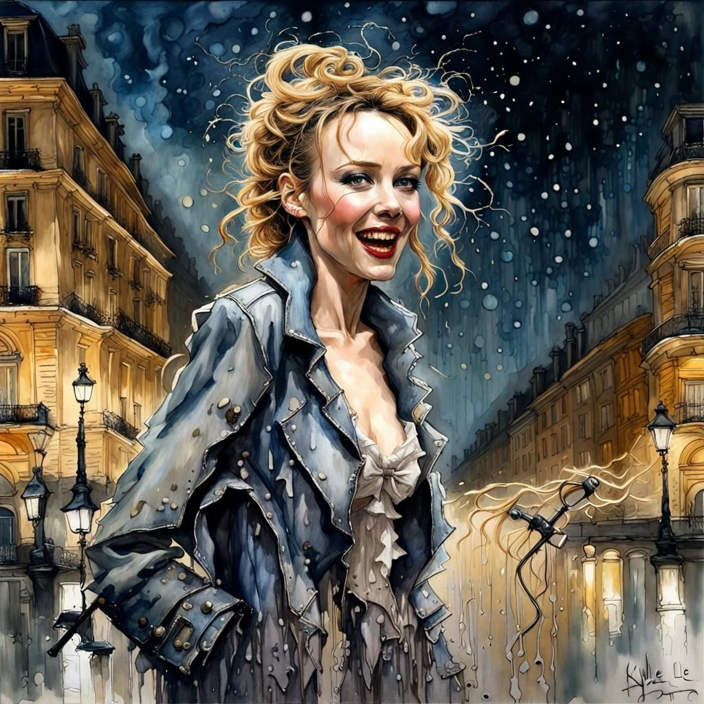 Extreme Luxury Kylie Minogue in Paris at night, loose impres...