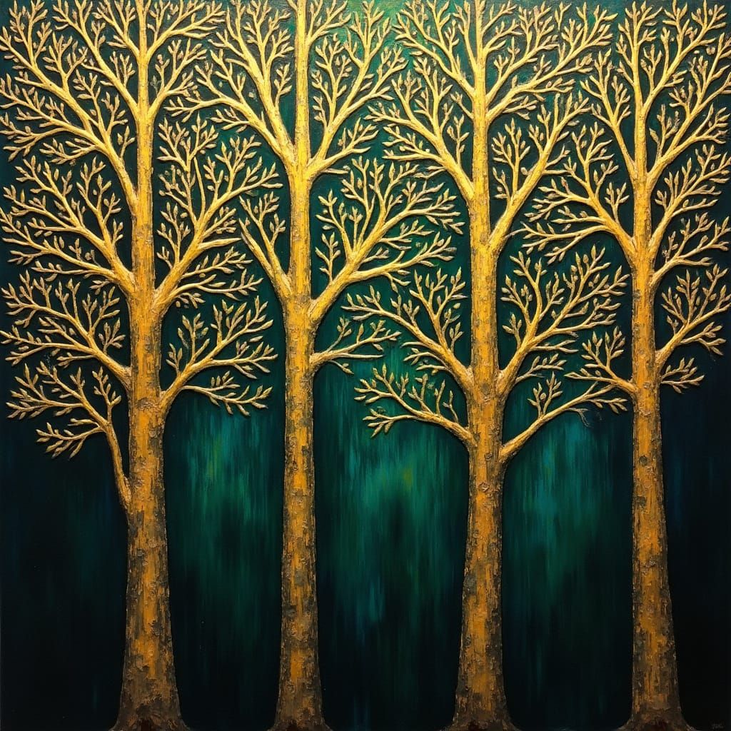 A pattern of trees with fine leaf detail, in rich shades of green and gold, deep hues, intricate masterpiece painting, beautiful, luminous, ...