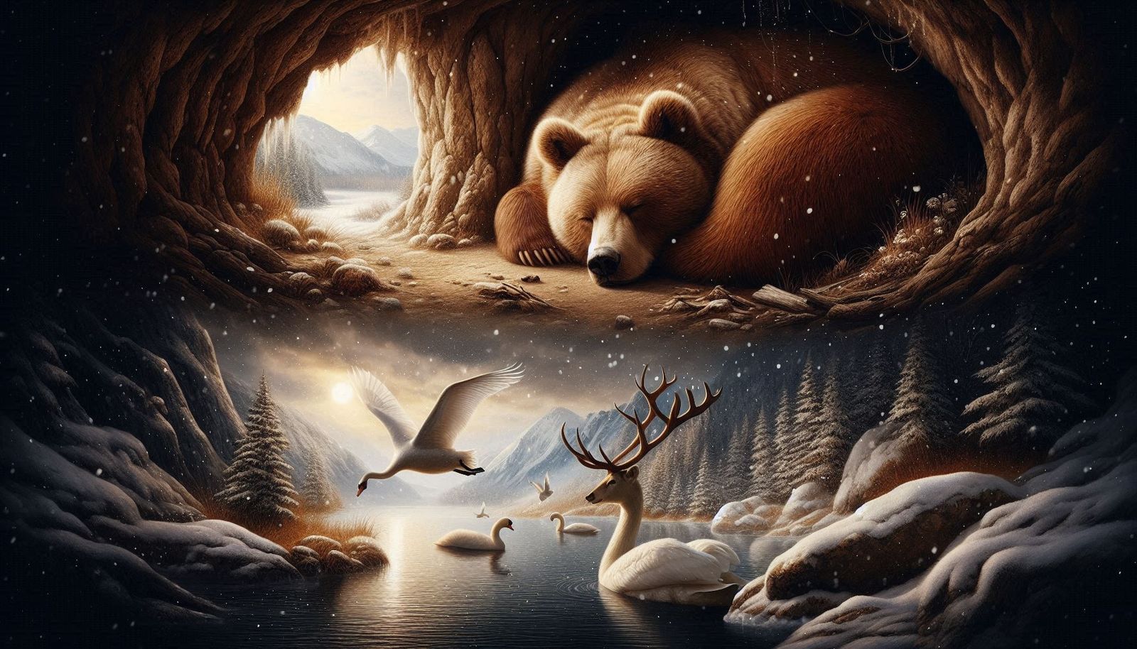 Sleeping bear and deer.  preparing  for  winter.