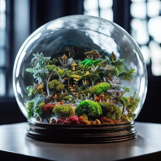 <lora:Ice:1.0> Generate an image of a resin egg with a miniature rainforest ecosystem inside, featuring lush greenery, exotic animals, and a...