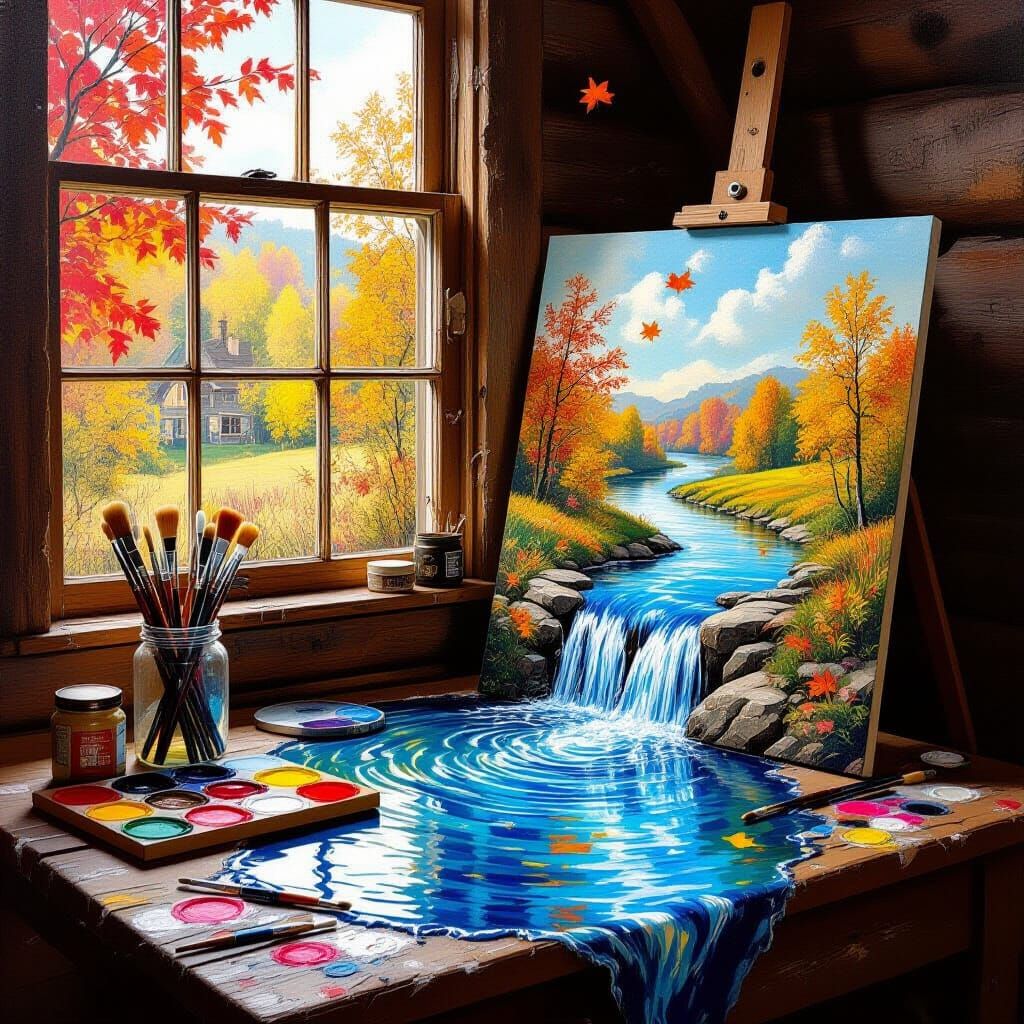 In a little cottage there is a window and outside of the window its the fall season and you can see some ...  by @Deborah Sutton
