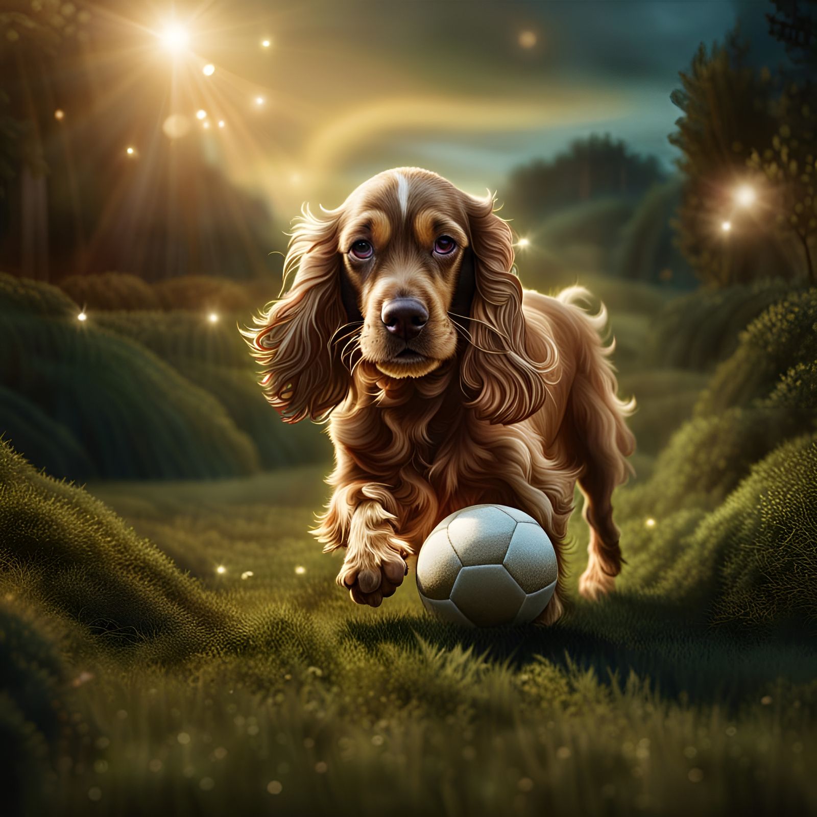 Cocker spaniel playing footballl