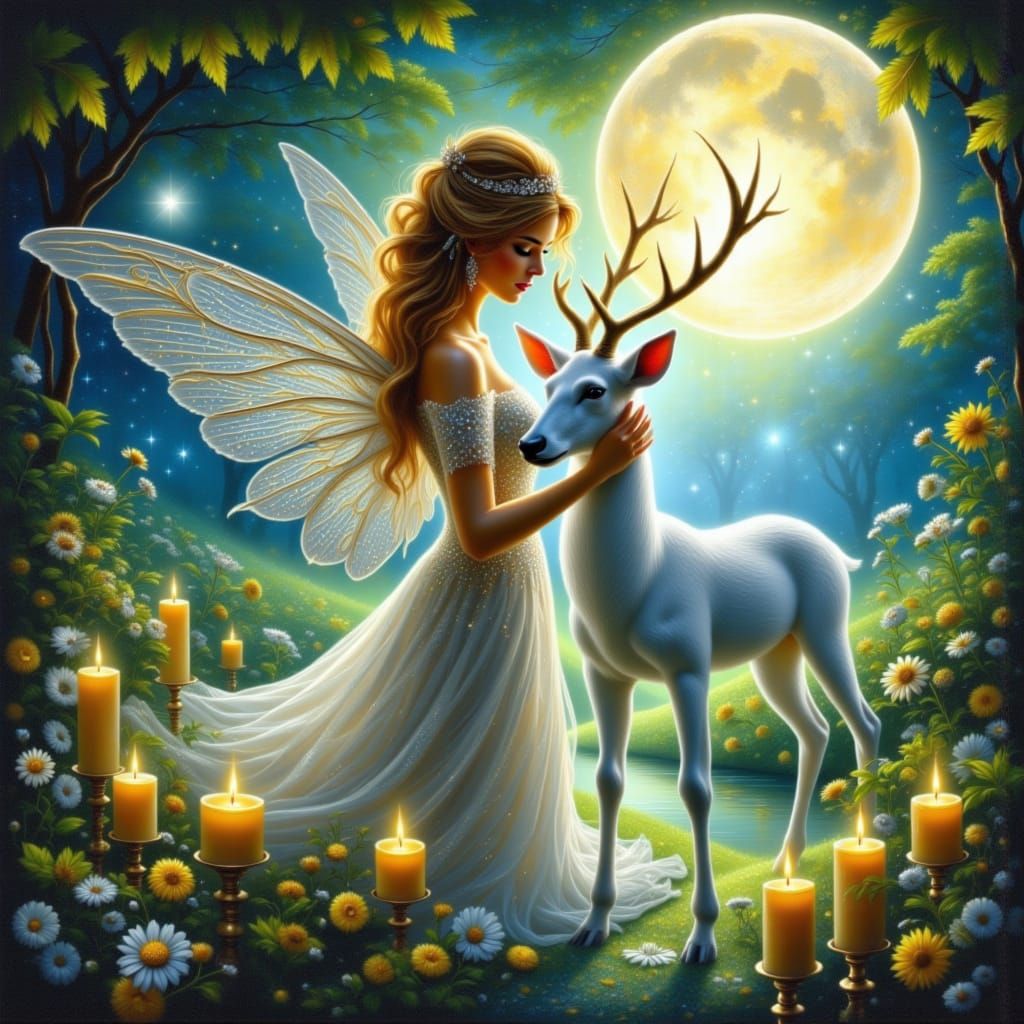 <lora:OilPaintingFlux:1.0> <lora:Illuminations flux:1.0> Queen Fairy with white deer, dreamy and ethereal oil on canvas very attractive beau...