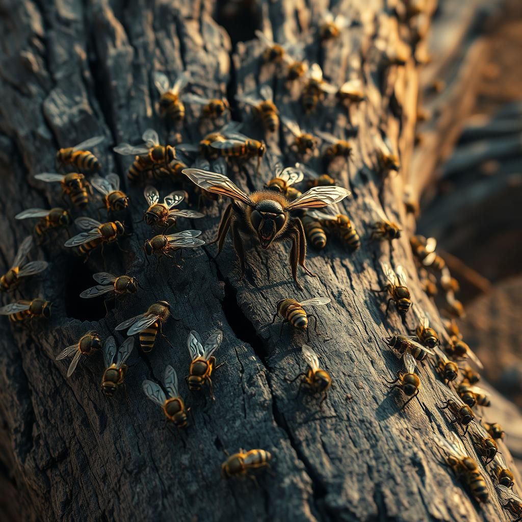 Bees Swarming Hornet in Dystopian Cyberpunk Scene