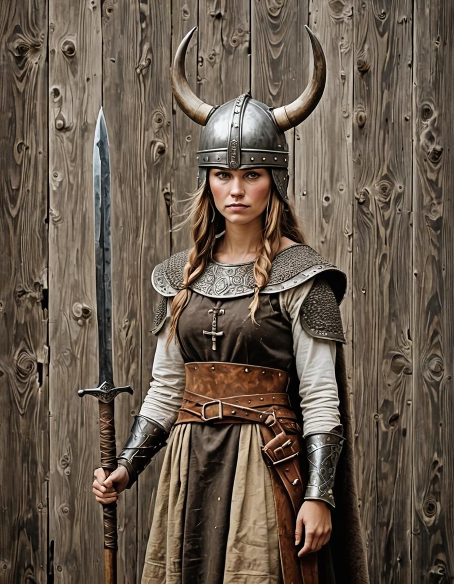 Mujer vikinga con casco y vestido largo