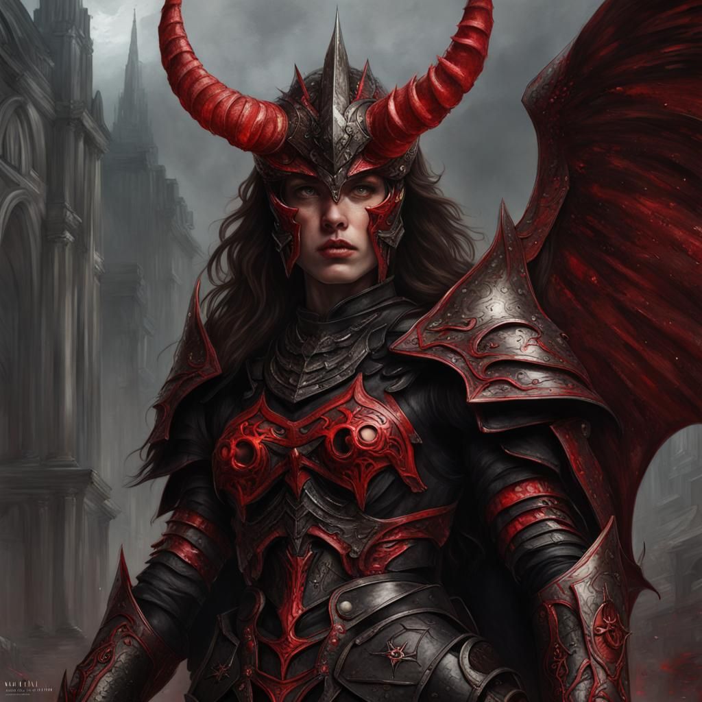 a beautiful Katherine Langford demon Lord with meticulous detailed red ...