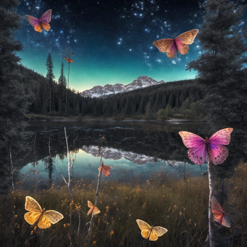 Butterflies in a nightime mountain meadow