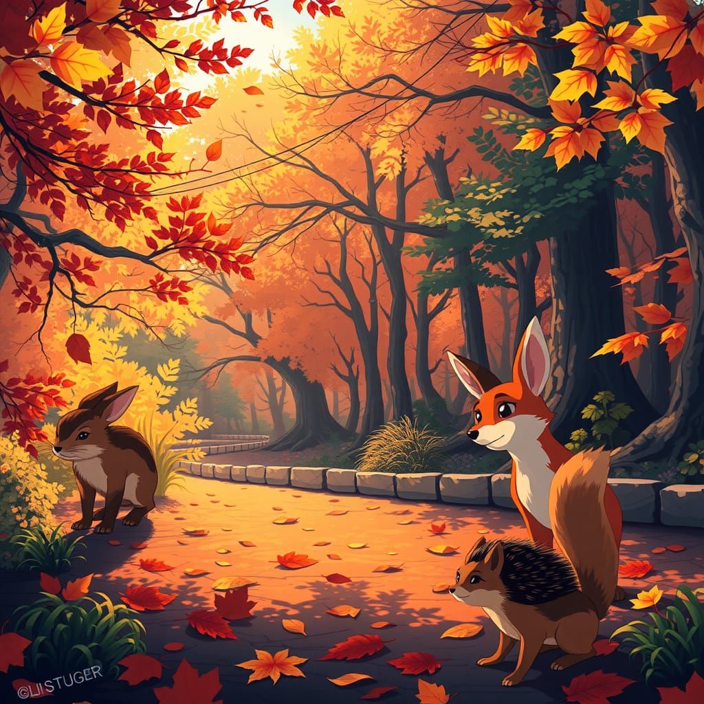 Autumn Forest Animals in Manga Style