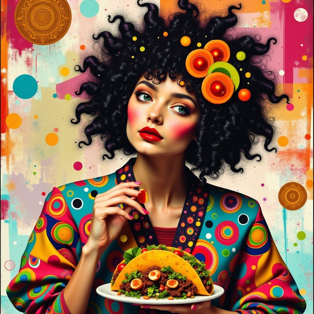 <lora:inks:1.0> <lora:SecretSauce:1.0> <lora:mmcollage:1.0> <lora:G1i7ch5c4p3:1.0> Surreal woman looking at a  yummy taco, abstract fast foo...
