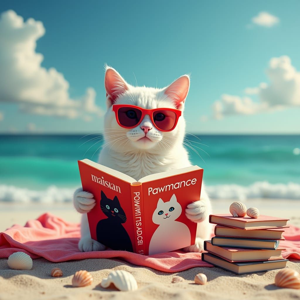 Cat reading romance novels to relax while on vacation.  by @Dan Norder