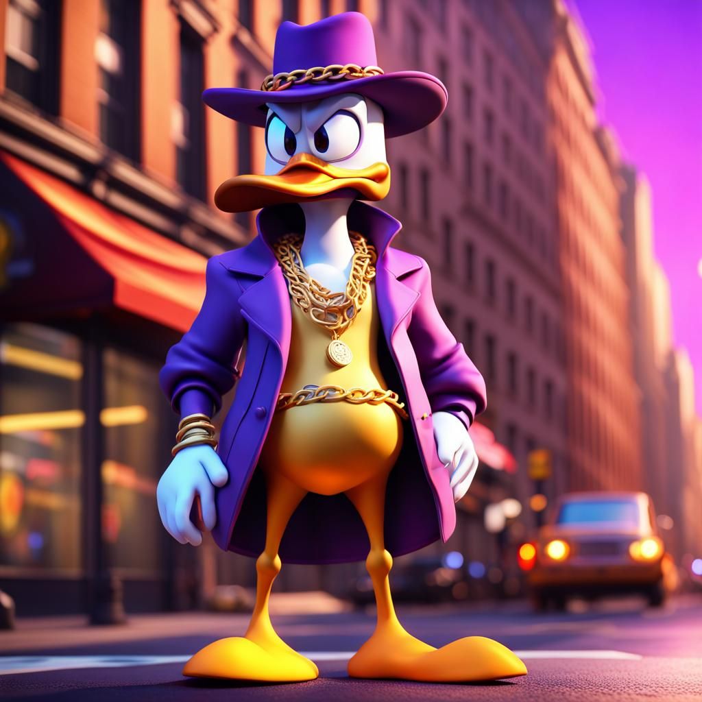 a hip hop Darkwing Duck wearing a gold chain in NYC, wide shot, digital ...