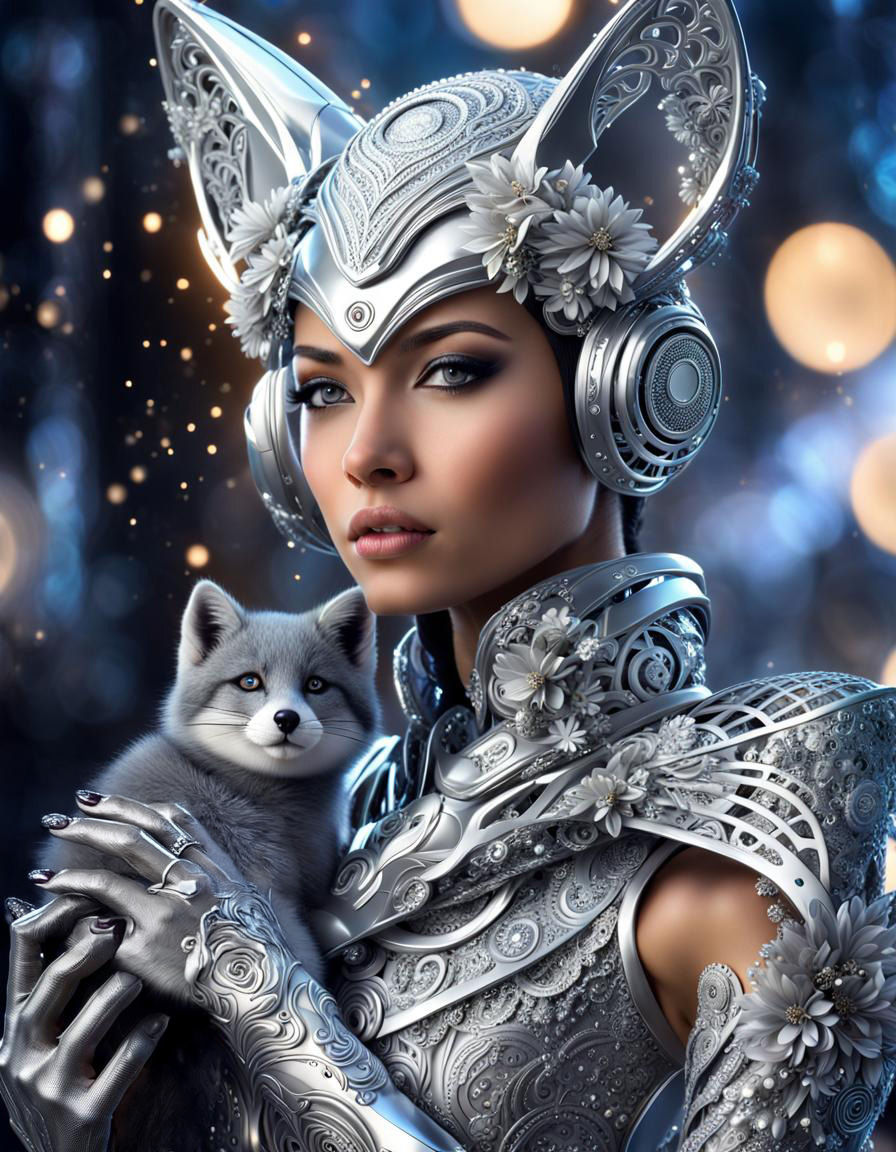human Fox-like Cyborg with a silver fox cub